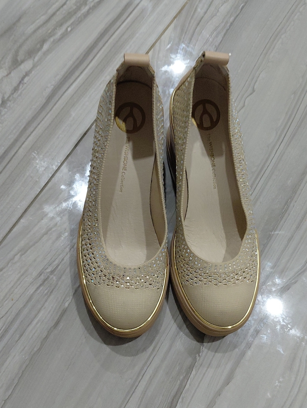 Women's Nude Knit Rhinestone Ballet Flats with Gold Trim